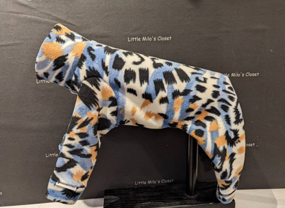 Blue Animal Print plush fleece Italian Greyhound bodysuit with blue, tan and black leopard spots, on a form