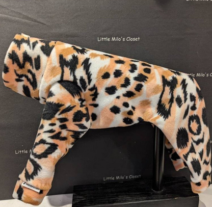 Peach and black leopard print plush fleece Italian Greyhound bodysuit, side view on a display form