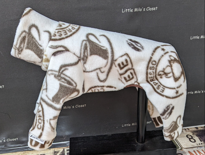 White plush fleece Italian Greyhound bodysuit with brown coffee cup and espresso stamp print, on a form
