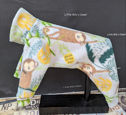 Swinging Monkeys plush fleece Italian Greyhound bodysuit, monkeys on vines with pineapples and leaves