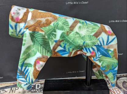 Plush fleece Italian Greyhound bodysuit with sloths among green jungle leaves, side view on a display form