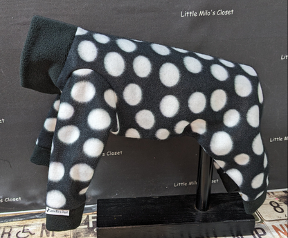 Black plush fleece Italian Greyhound bodysuit with white polka dots and a solid black collar, on a form