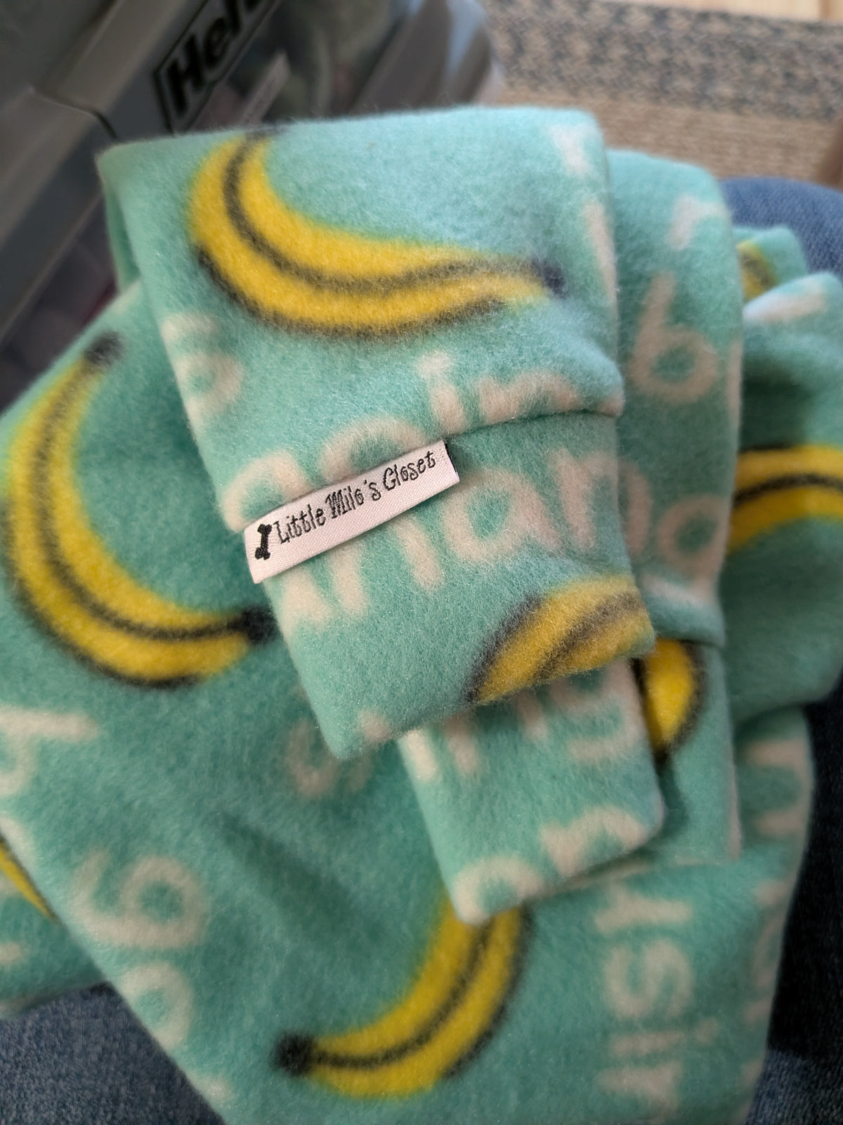 Folded mint green plush fleece bodysuit with yellow bananas and text print, extra small Italian Greyhound