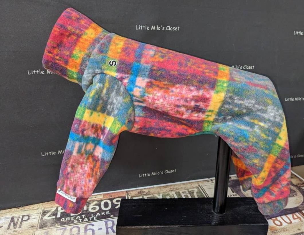 Rainbow brushstroke plaid plush fleece Italian Greyhound bodysuit with a snap closure, on a display form