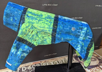 Blue and lime green brushed plaid plush fleece bodysuit for Italian Greyhounds, side view on a display form