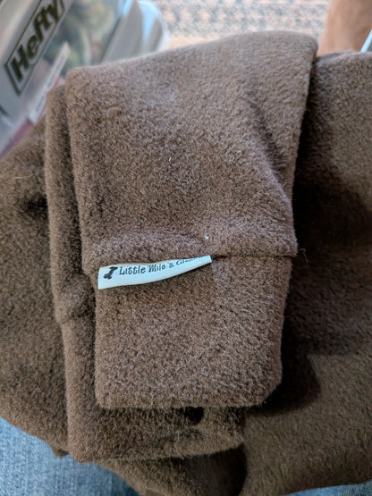 Folded solid chocolate brown plush fleece bodysuit with brand label, extra small Italian Greyhound size