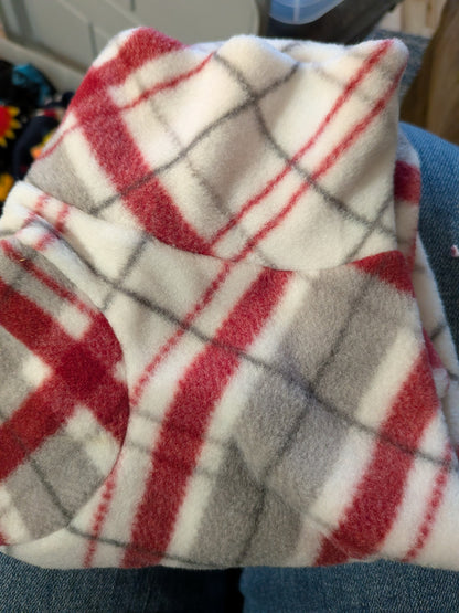 Folded cream plush fleece bodysuit with red and grey plaid, extra small Italian Greyhound size