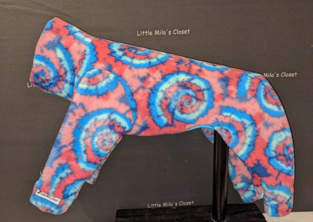 Pink and blue tie dye swirl plush fleece Italian Greyhound bodysuit, side view on a display form