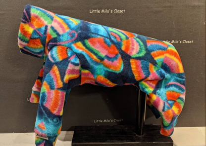 Navy plush fleece Italian Greyhound bodysuit with rainbow tie dye butterflies, side view on a display form