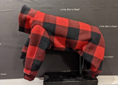 Red and black buffalo plaid plush fleece bodysuit for an extra small Italian Greyhound, on a display form
