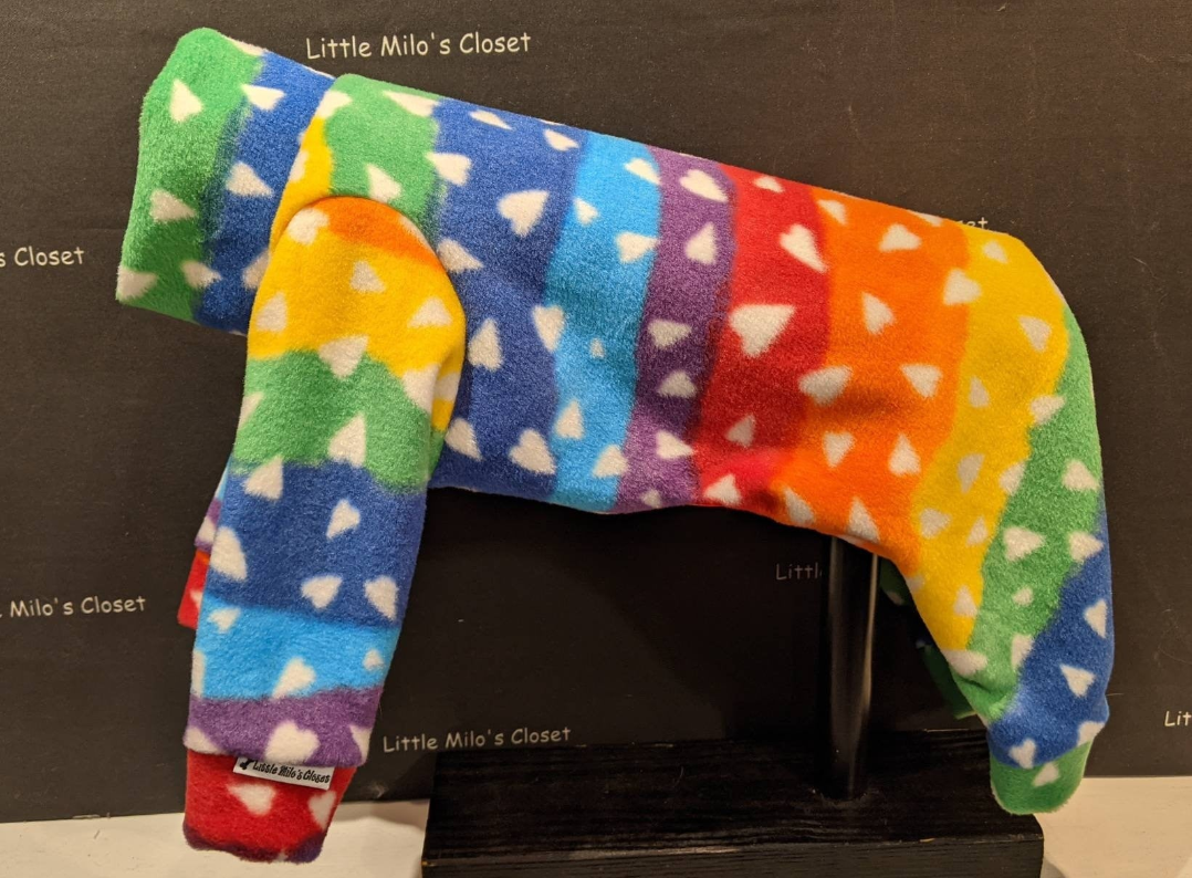 Rainbow striped plush fleece Italian Greyhound bodysuit with small white hearts, shown on a display form