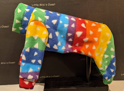 Rainbow striped plush fleece Italian Greyhound bodysuit with small white hearts, shown on a display form