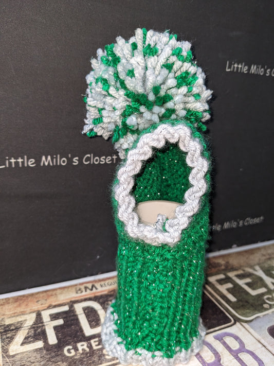 Green sparkle knitted Italian Greyhound hat with a green and white pom-pom and silver face trim