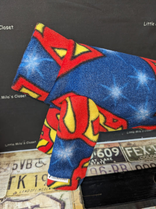 Blue superhero emblem fleece top with red and yellow shields and stars, extra small Italian Greyhound