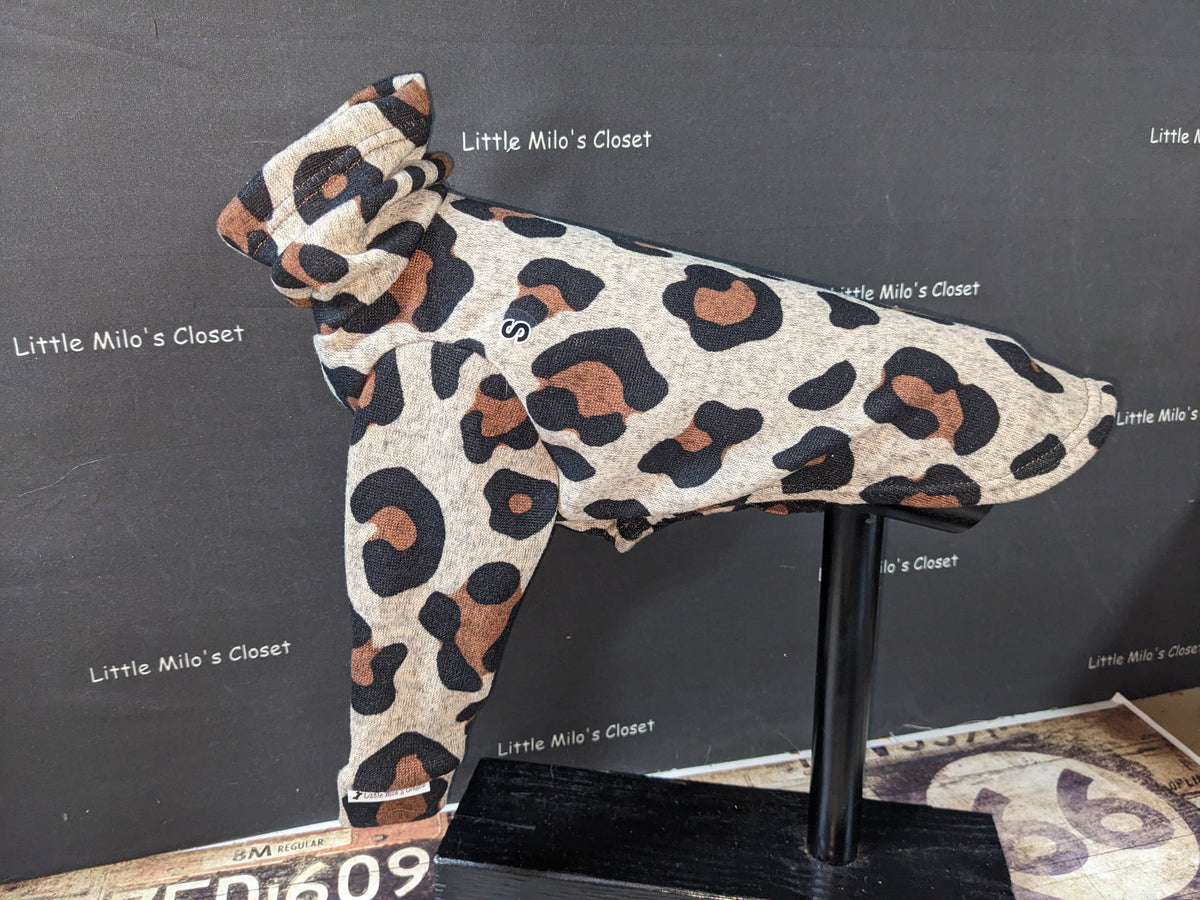 Large cheetah print hacci knit Italian Greyhound sweater with turtleneck, shown on a dog form