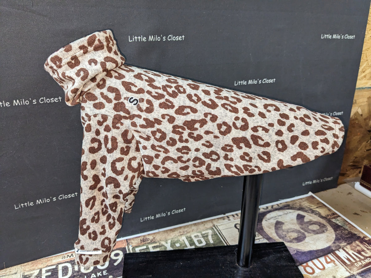 Small cheetah print hacci knit Italian Greyhound sweater in cream and brown with a turtleneck, on a dog form
