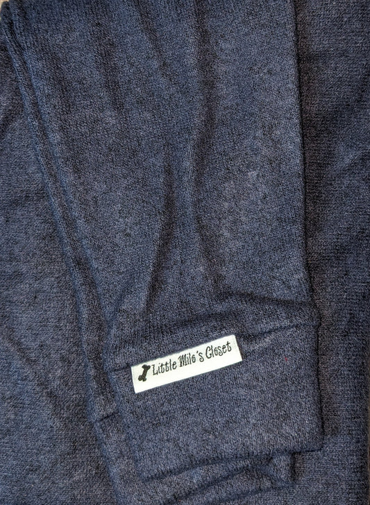 Navy hacci knit Italian Greyhound sweater folded flat with ribbed cuff and label