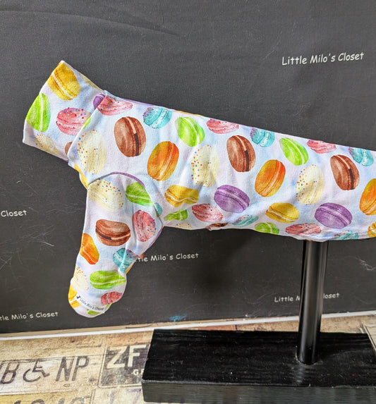 White cotton lycra long sleeve top with pastel macarons, side view on an Italian Greyhound dog form
