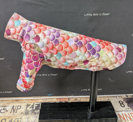 Pink and lavender mermaid scales cotton lycra long sleeve top, side view on an Italian Greyhound dog form