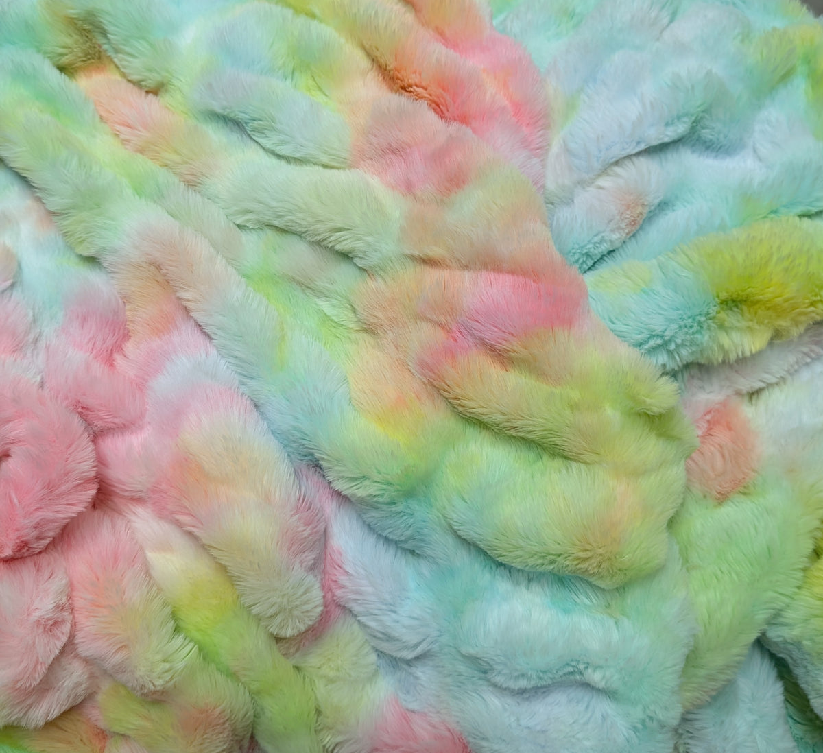 Plush fur fabric option for Italian Greyhound nap sacs and sleep sacs: pastel pink, yellow and aqua tie dye