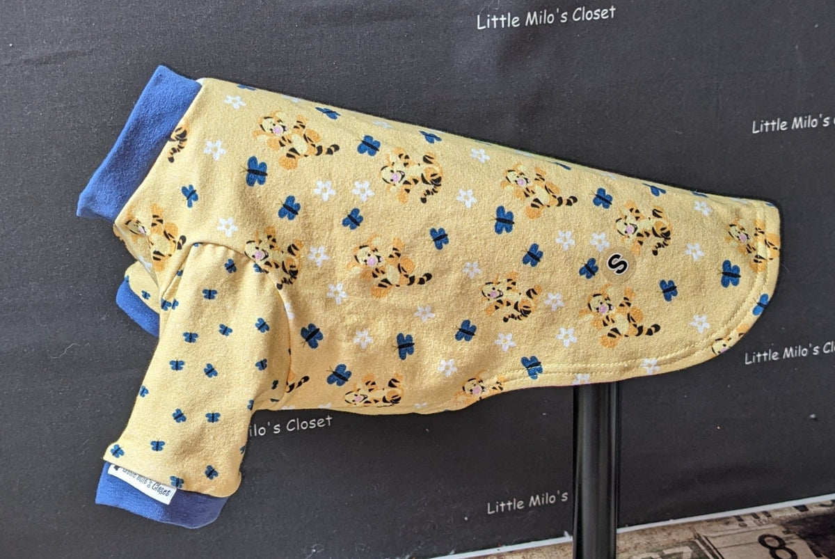 Tigger and Butterfly short sleeve Italian Greyhound top, pale yellow with blue butterflies and blue trim