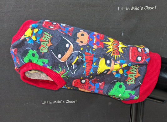 Small Hero Babies crop top for Italian Greyhounds, cartoon superheroes and comic BAM bursts with red cuffs