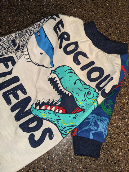 Upcycled Ferocious Friends dog shirt with a cartoon dinosaur and shark graphic on cream, navy cuffs, flat lay