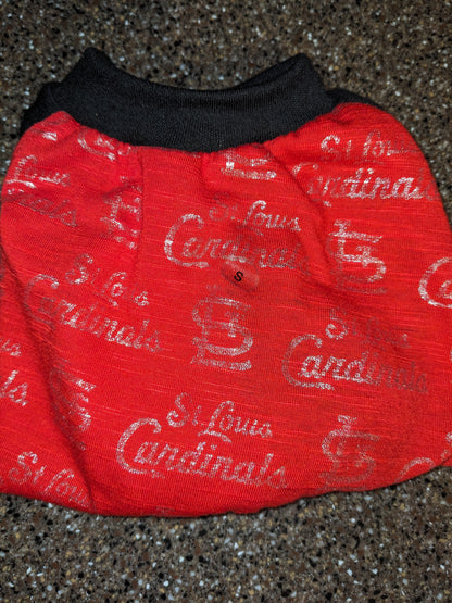 Red St. Louis Cardinals upcycled shirt for a small Italian Greyhound with silver logo print and black neckband