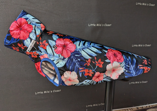 Small UV sleeveless turtleneck vest for Italian Greyhounds, Tropical Leaves print with red hibiscus on black