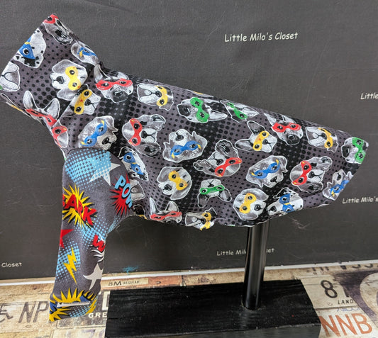 Grey Super Dog cotton lycra long sleeve top with masked hero pups and comic POW sleeves, on a dog form