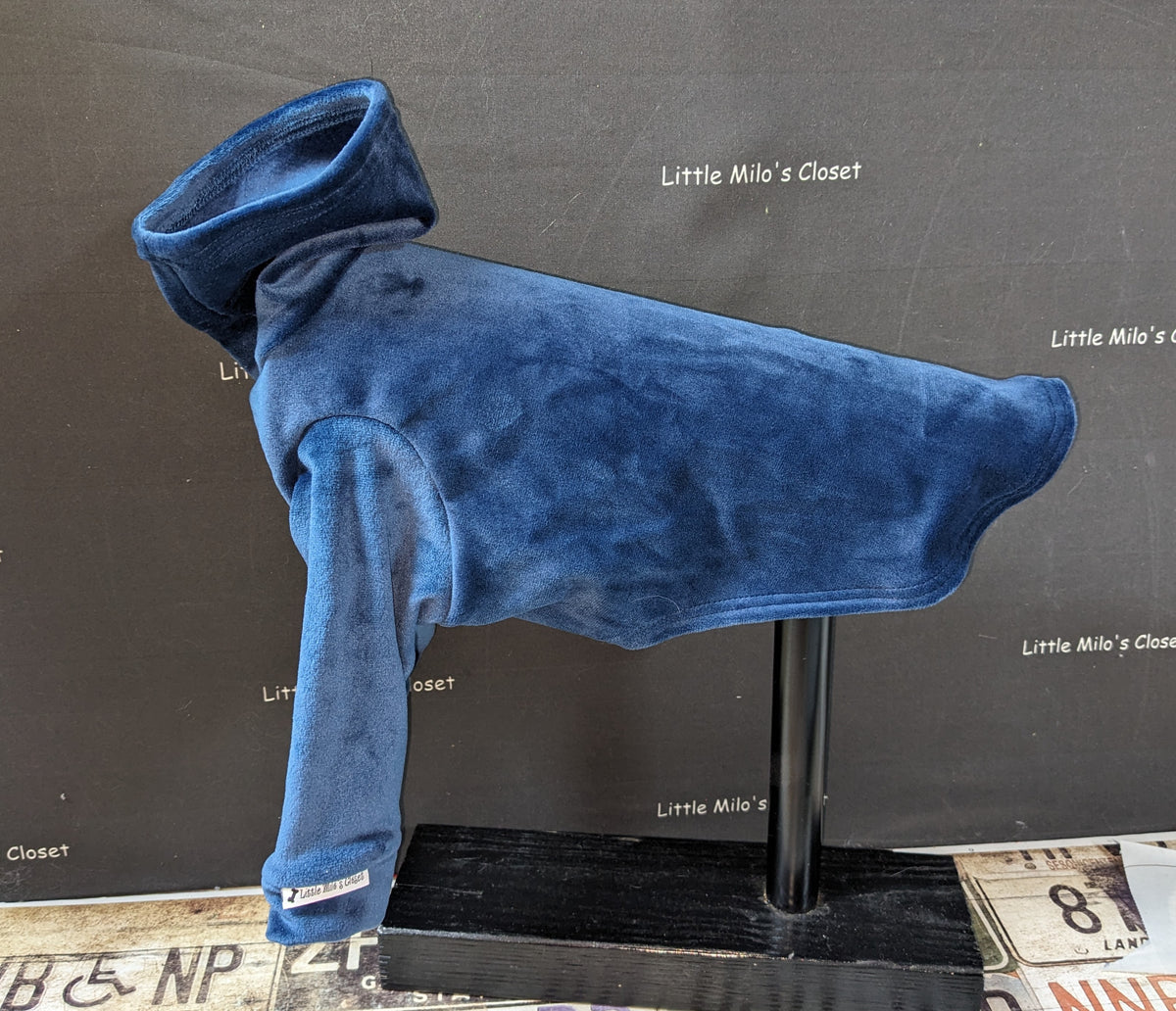 Plain dark blue microfleece Italian Greyhound top with a turtleneck on a display stand