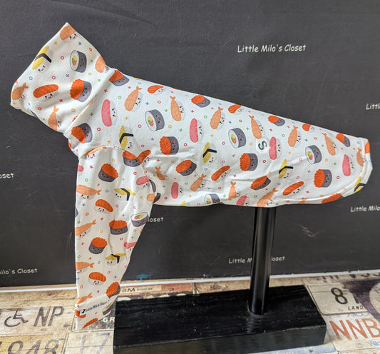 Sushi print cotton lycra two legged top for an Italian Greyhound, white with sushi rolls, on a dog form
