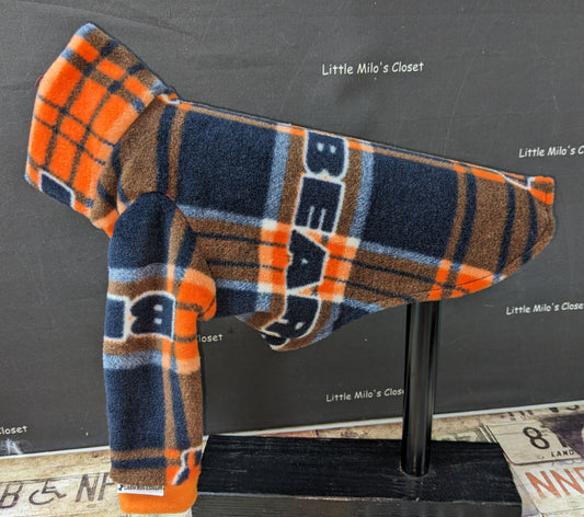 Chicago Bears fleece top in navy and orange plaid with BEARS lettering, on a dog form