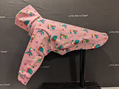 Pink toucan print cotton lycra long sleeve Italian Greyhound top on a dog form, side view