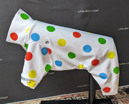 White UPF 50+ capri length Italian Greyhound bodysuit with big rainbow polka dots on a dog form
