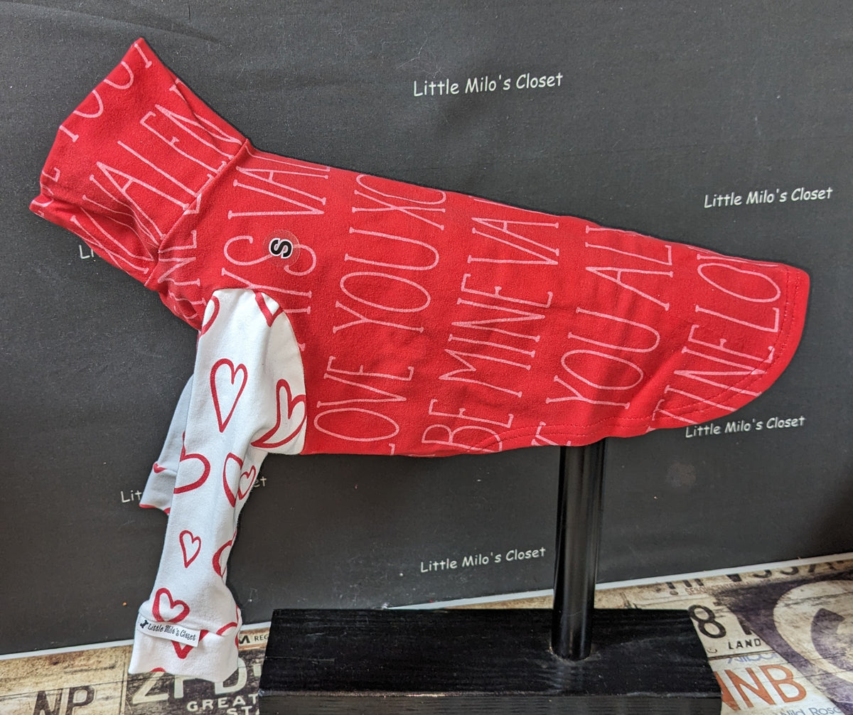 Be Mine Valentine's long sleeve Italian Greyhound shirt, red with love words and white heart sleeves
