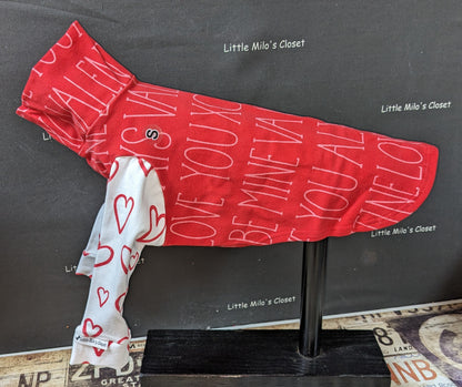 Be Mine Valentine's long sleeve Italian Greyhound shirt, red with love words and white heart sleeves