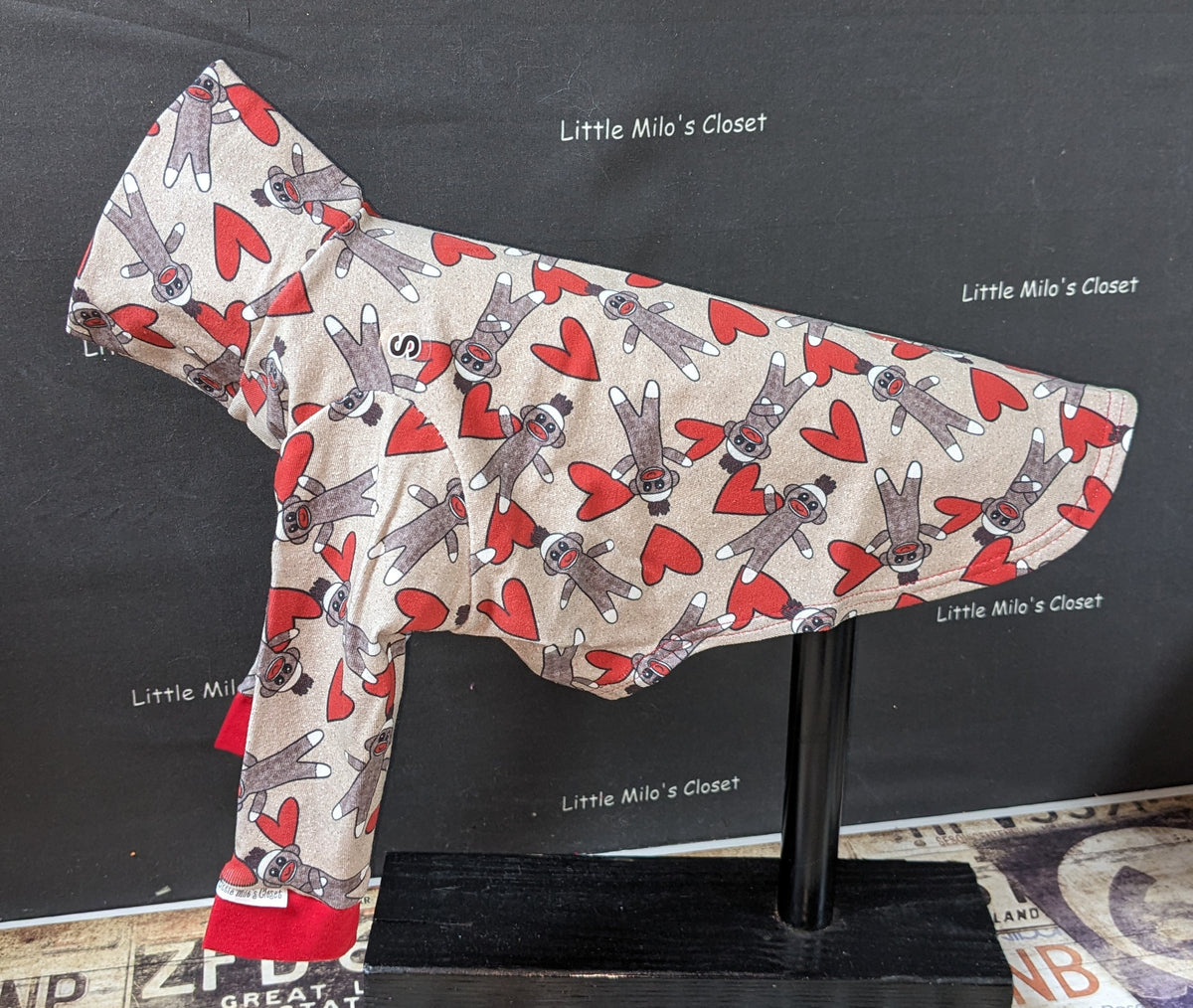 Sock Monkeys Valentine's long sleeve Italian Greyhound shirt with red hearts on a dog form