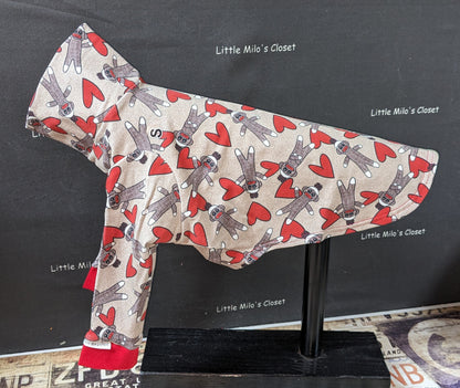 Sock Monkeys Valentine's long sleeve Italian Greyhound shirt with red hearts on a dog form
