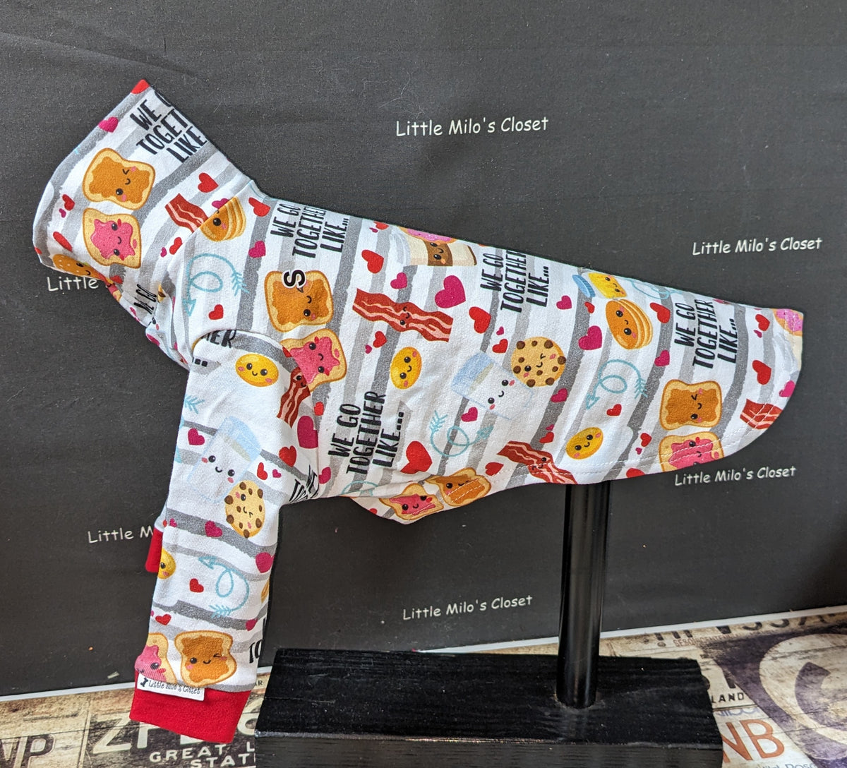 We Go Together Valentine's long sleeve shirt with toast, bacon and cookie pairs on a dog form