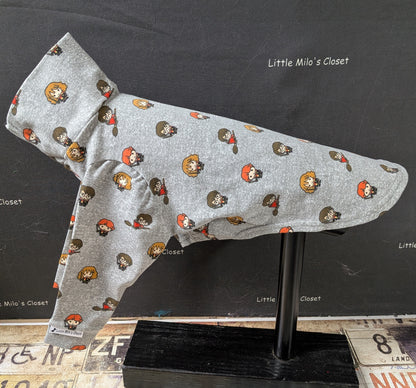 Grey cotton lycra long sleeve top with cartoon wizard character faces, side view on an Italian Greyhound dog form