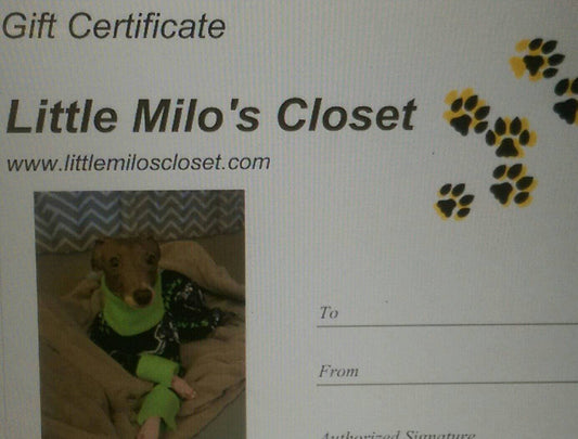 Gift Certificate Italian greyhound, Whippet or Greyhound Clothing From Little Milo's Closet