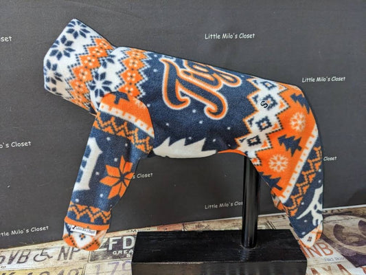 Detroit Tigers fleece bodysuit for Italian Greyhounds in navy and orange Nordic print, shown on a dog form