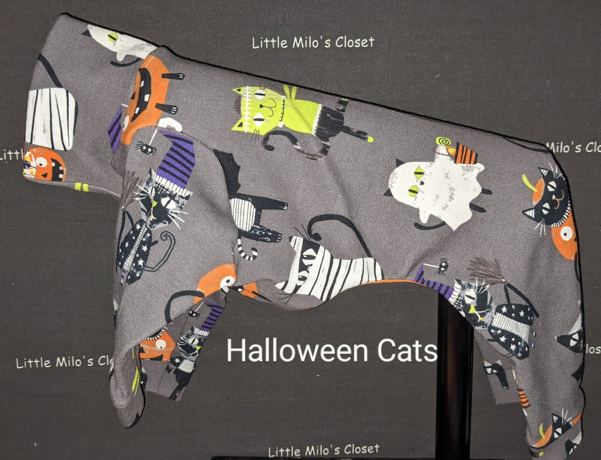 Halloween Cats cotton knit Italian Greyhound bodysuit, grey with cats in costumes, on a dog form